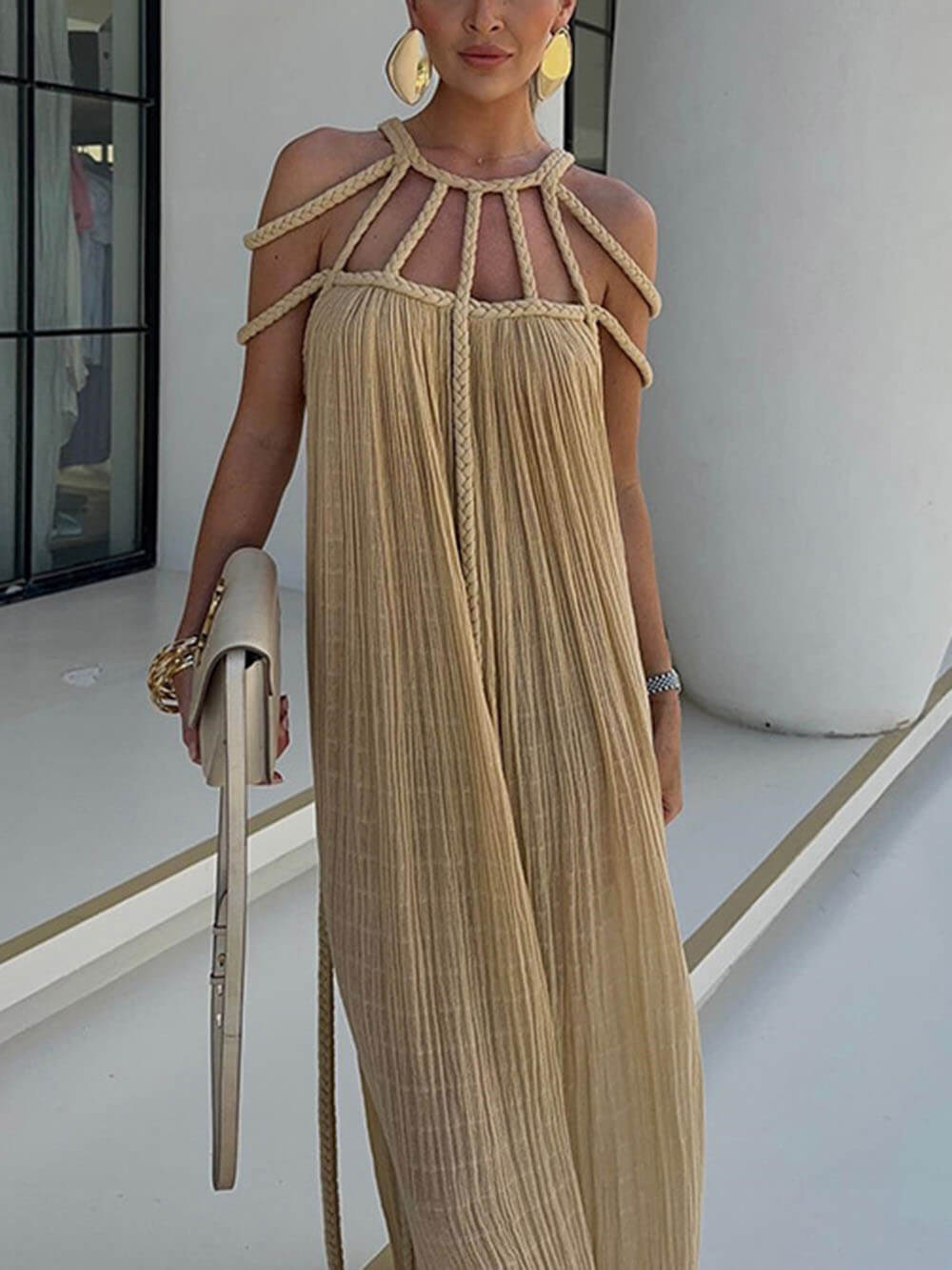 Vestido largo de playa con trenzas drapeadas