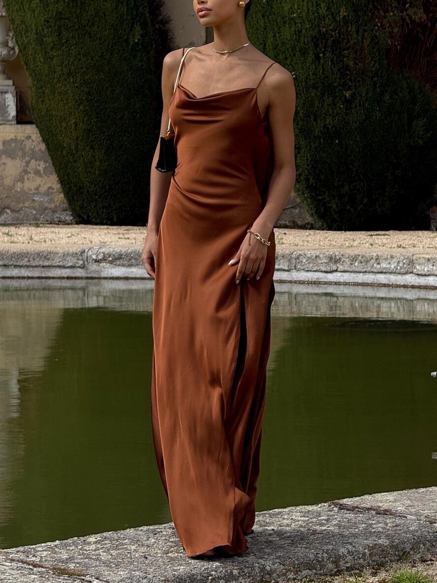 Sexy Elegant Satin Side High Slit Maxi Dress