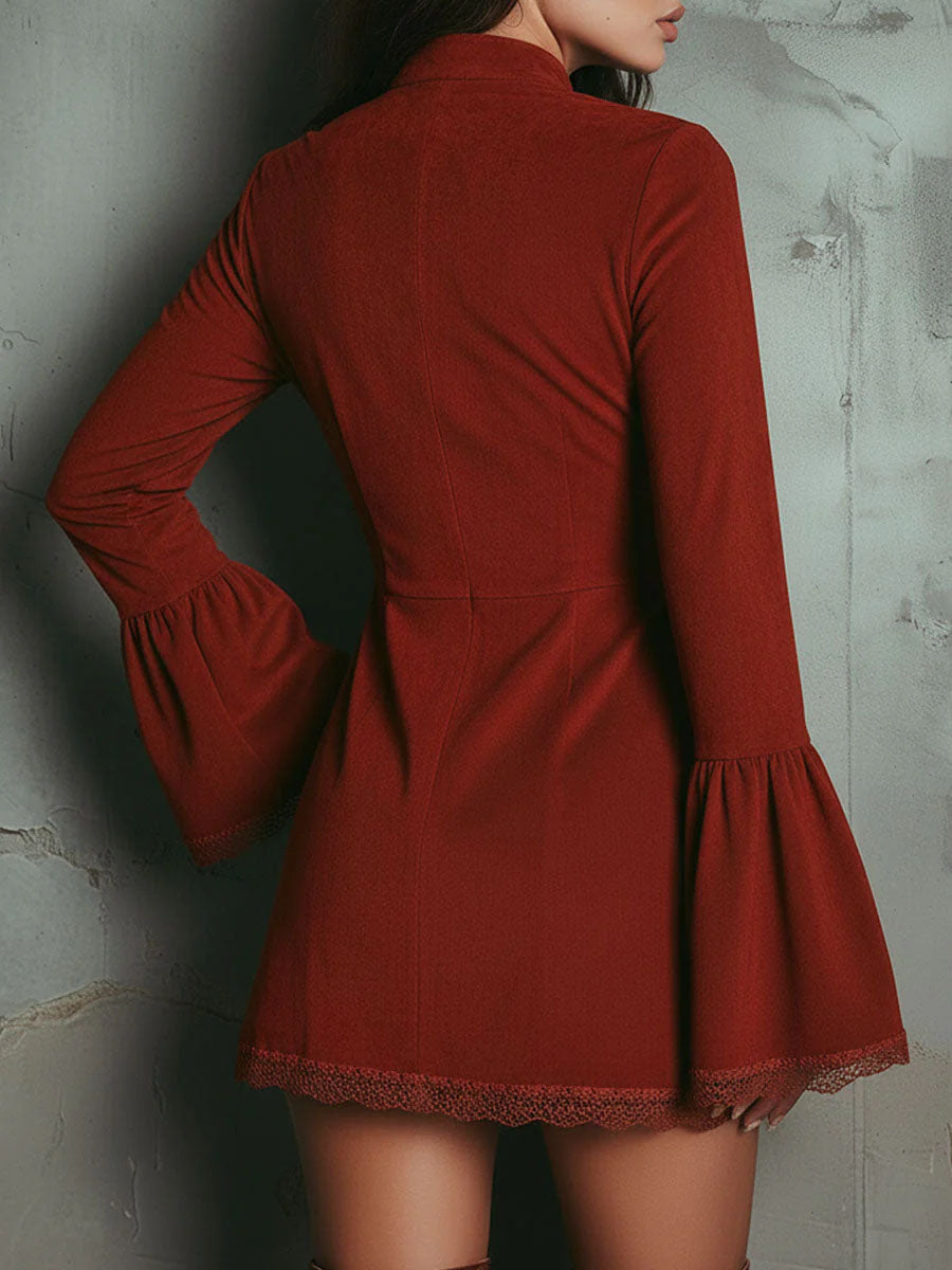 Vintage Puff Sleeve Embroidered Velvet Lace Mini Dress