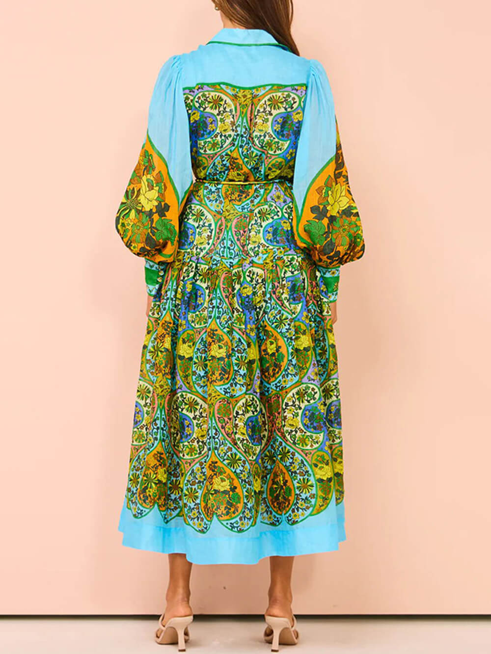 Robe cardigan à imprimé ethnique, à revers à lacets et manches longues