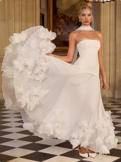 Strapless Fitted Bodice Pleated Maxi Gown With 3D Floral Hem