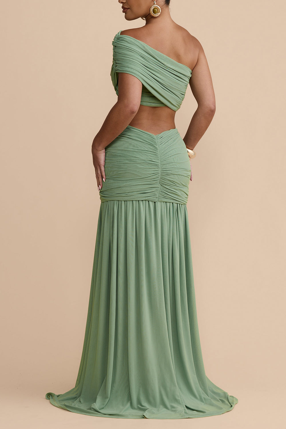 Women Ruched Mesh Off Shoulder Crop Top And Maxi Skirt Set