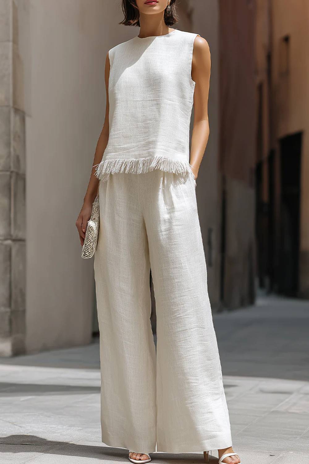 Zweiteiliges Outfit aus ärmellosem Top mit Fransenbesatz und Hose mit weitem Bein