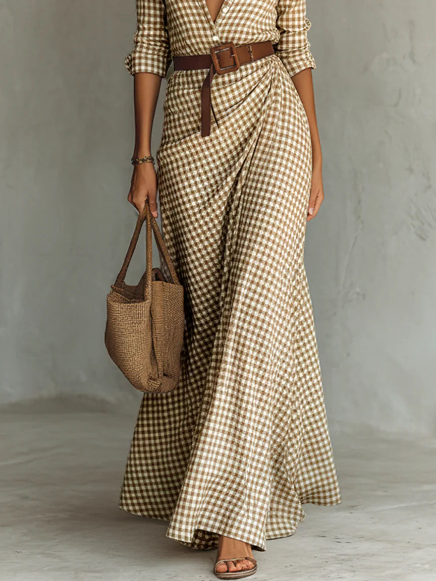 Abito maxi classico scozzese con colletto a camicia