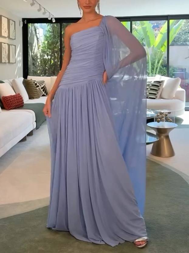 Unique Single-sleeve Shawl Pleated Maxi Dress
