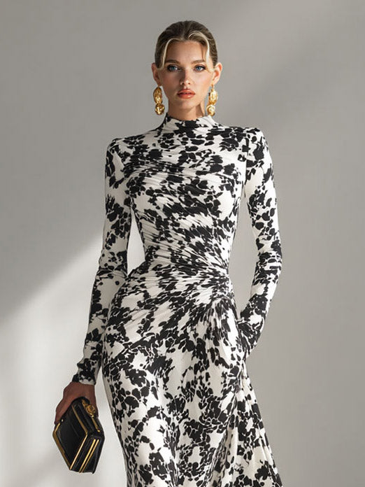 Robe longue décontractée à imprimé abstrait, col montant, plis et coupe sirène