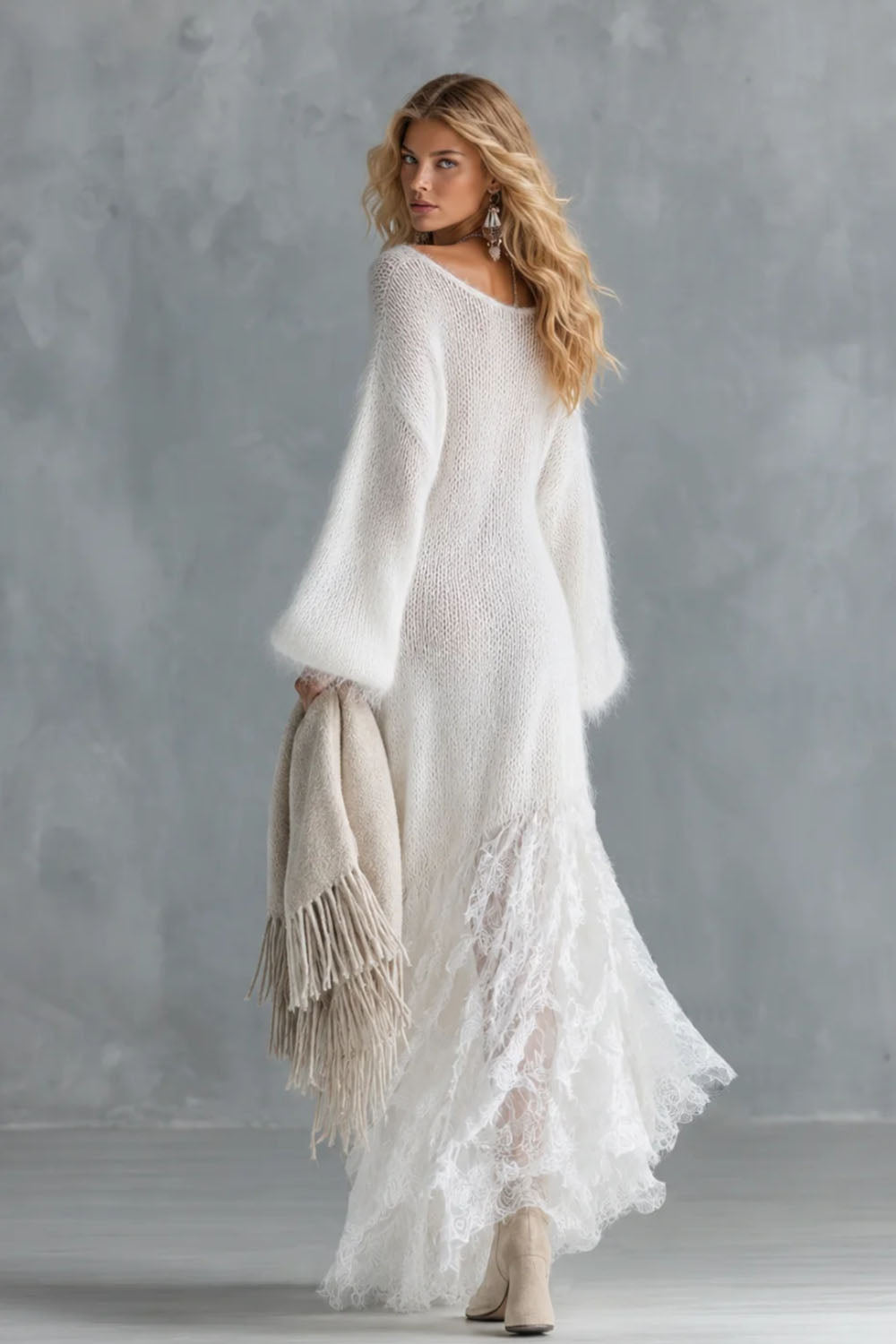Boho Fuzzy Knit Lace Maxi Dress