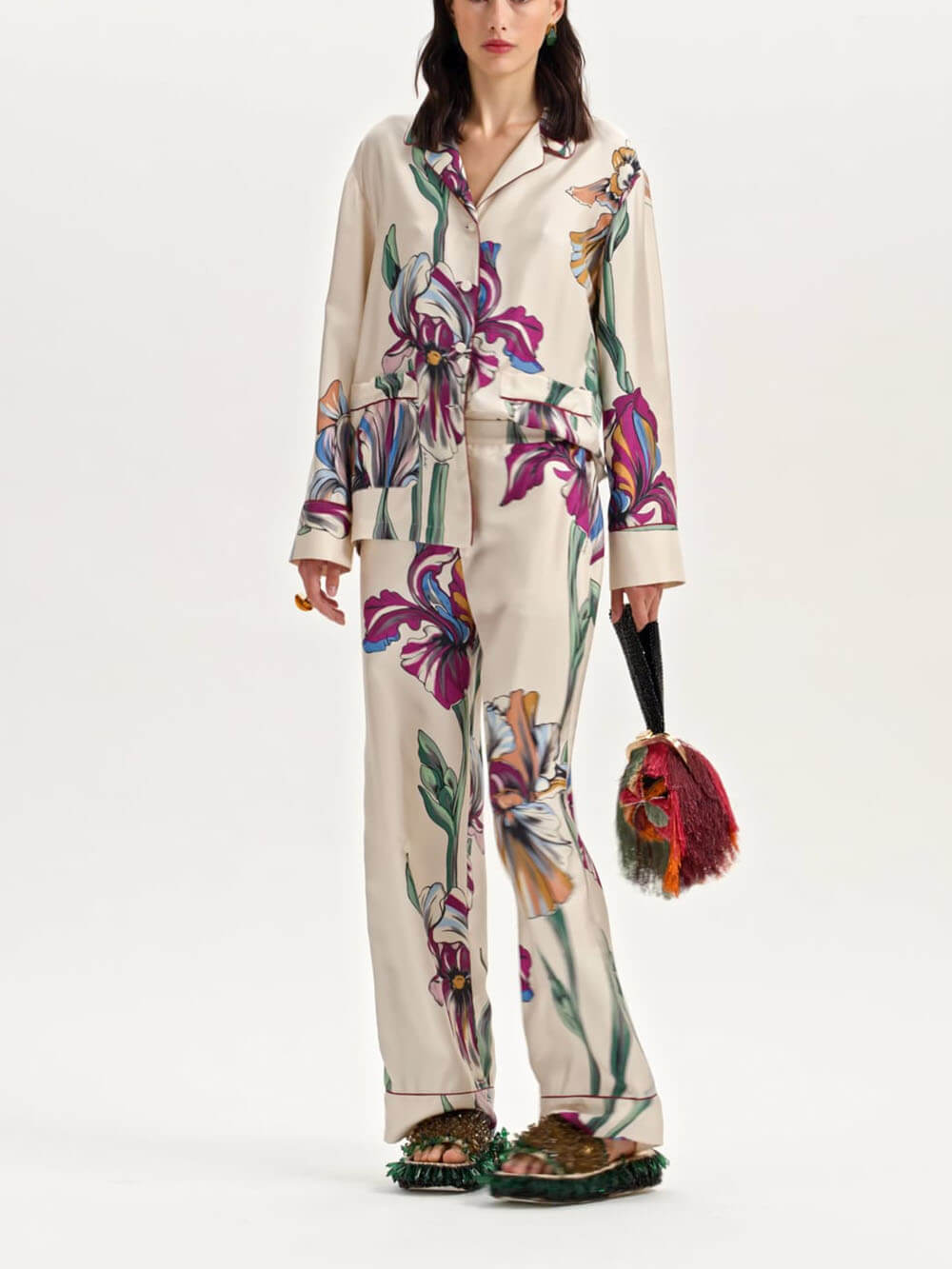 Pantalones rectos informales con estampado floral único, holgados, con bolsillos y cintura elástica