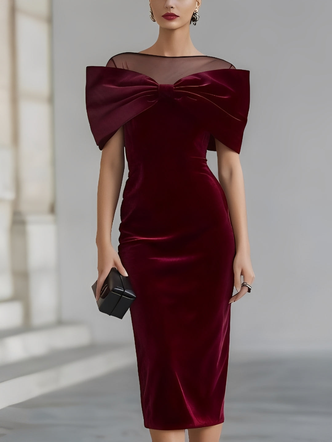 Vestido midi elegante com laço e decote transparente