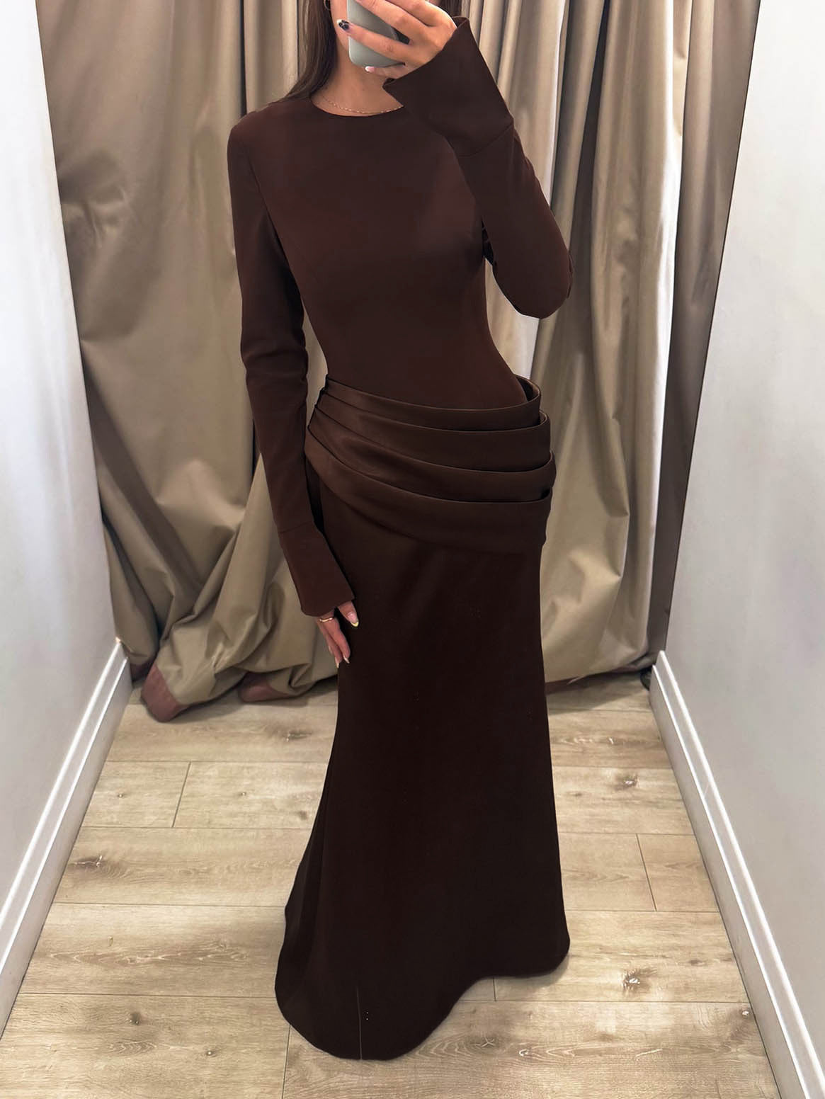Elegant Long-Sleeved Draped Satin Maxi Dress