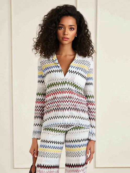 Set di due pezzi con top a maniche lunghe con stampa geometrica a zigzag e pantaloni a gamba larga