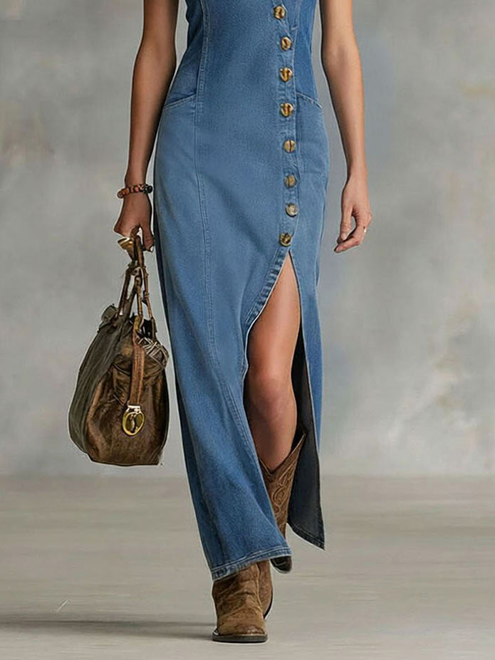 Abito lungo in denim senza maniche con bottoni sul davanti