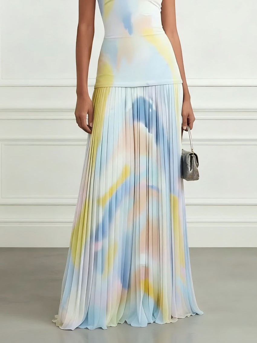 Robe longue élégante plissée à imprimé aquarelle