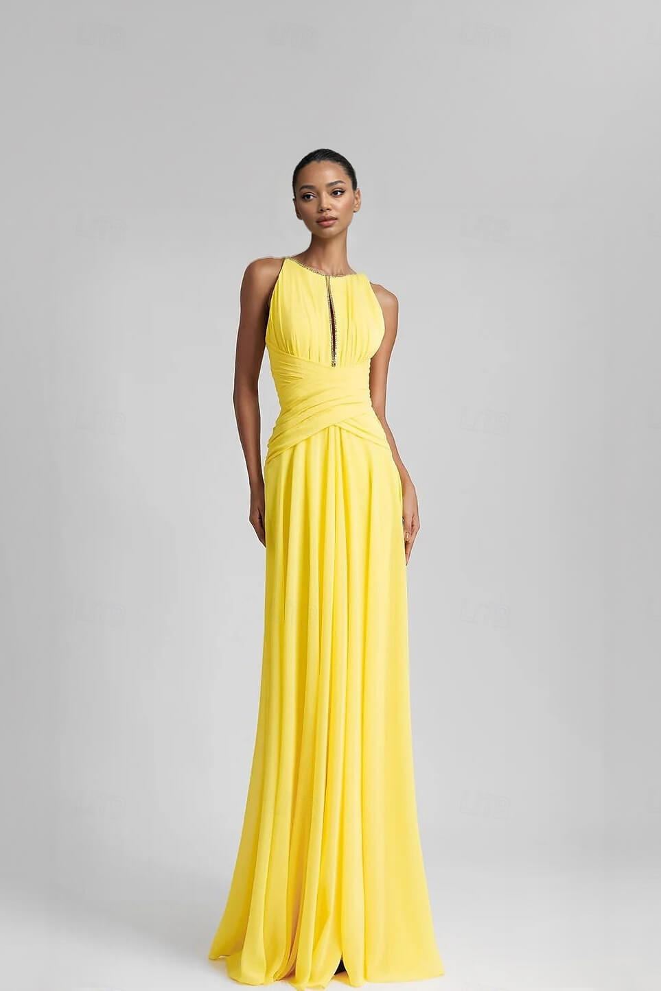 Elegant Rhinestone Pleated Sleeveless Chiffon A-Line Maxi Dress