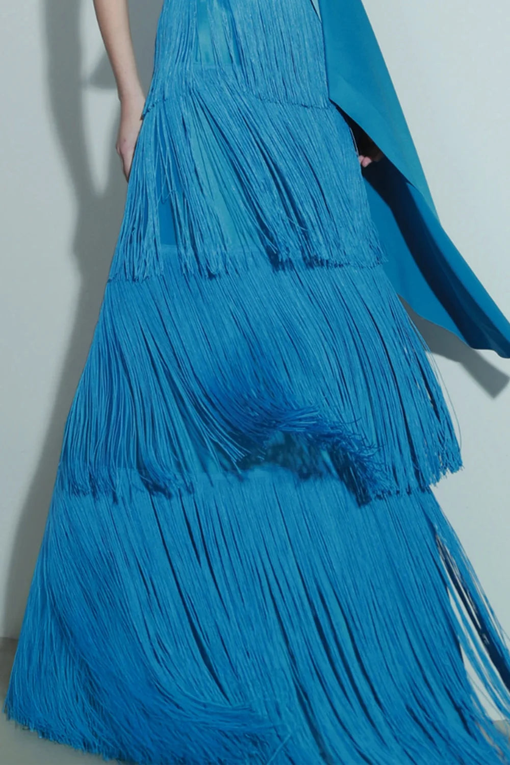 One Shoulder Cape Top and Tiered Fringe Maxi Skirt Two Piece Set
