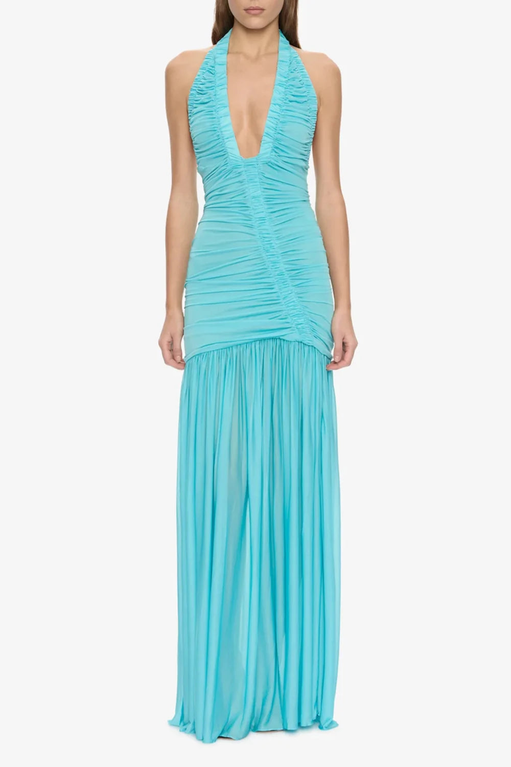 Robe longue à décolleté plongeant, dos nu, taille basse et fronces