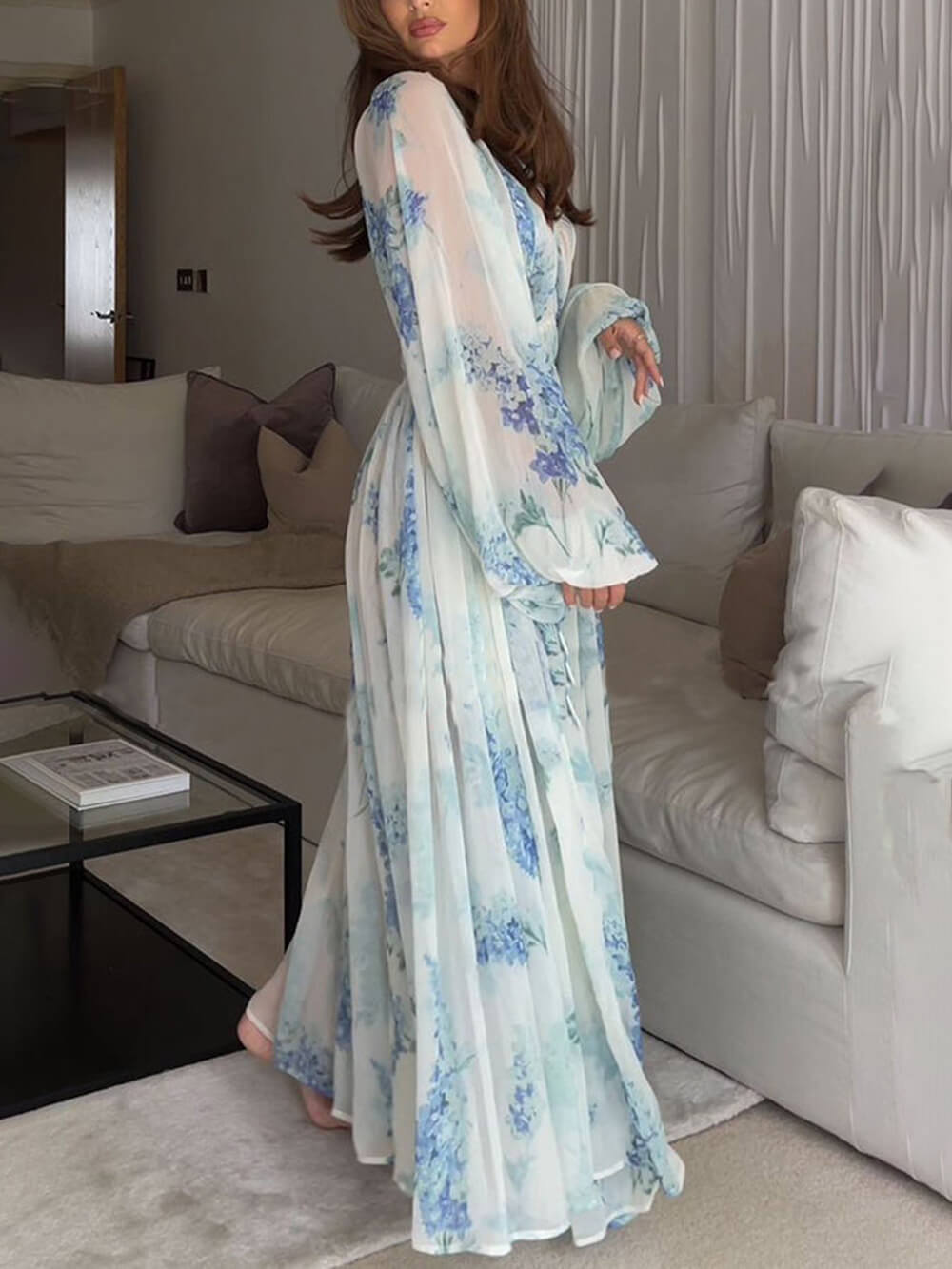 Maxikleid aus Chiffon mit Blumenprint, Ozeanblüten und Tunnelzug an der Taille