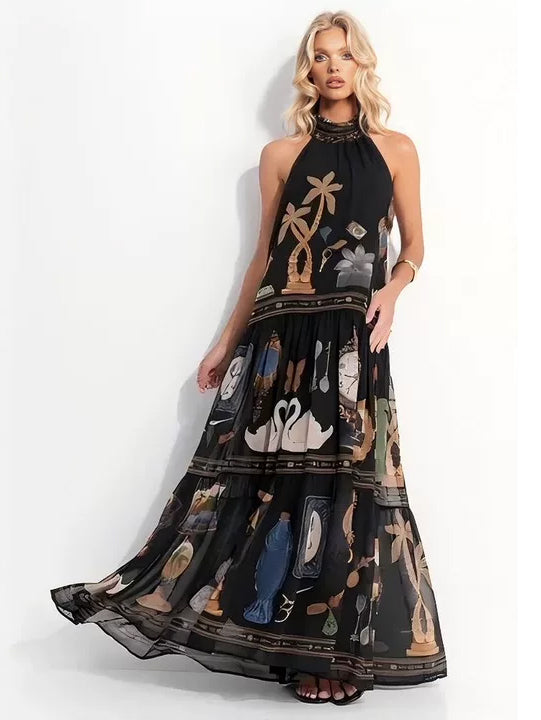 Retro Art Print Backless Layered Maxi Dress