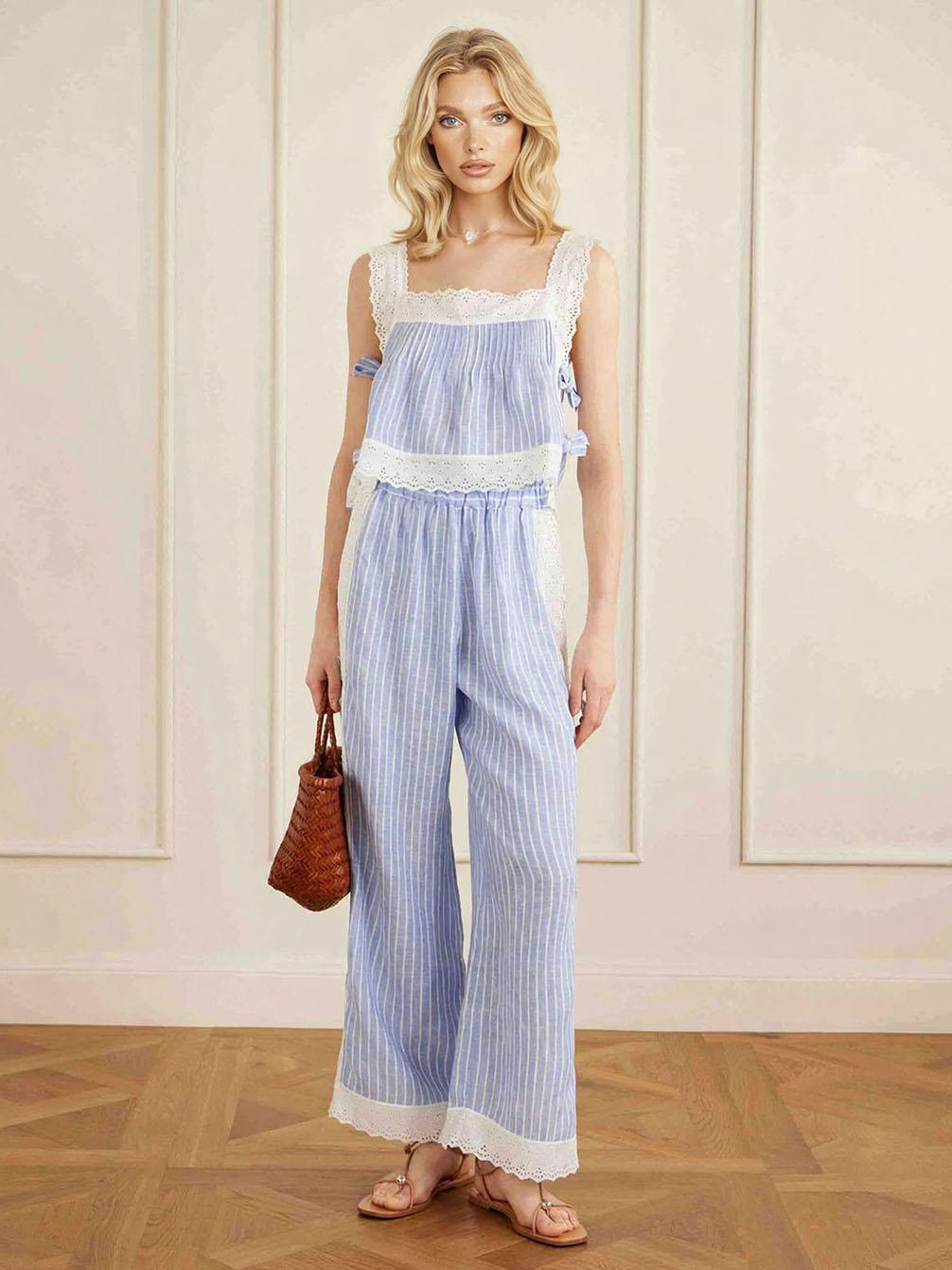 Conjunto de pijama con camisola con ribete de encaje a rayas y pantalón de pierna ancha