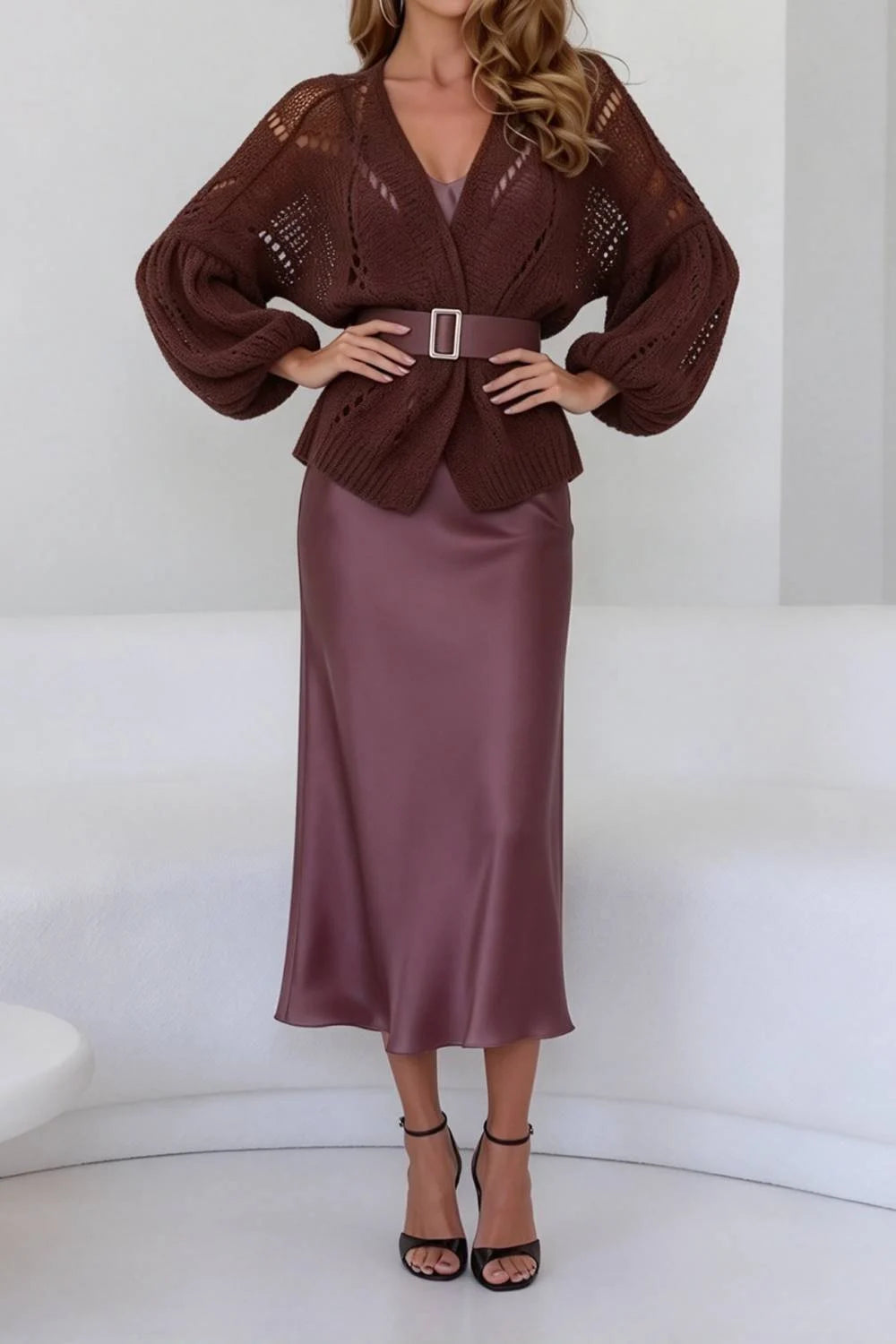 Women Brown Open Knit Balloon Sleeve Cardigan and Satin Midi Dresses Two Piece Set