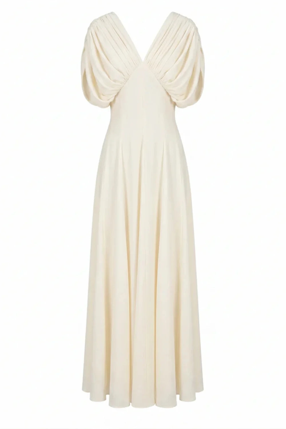 Elegant Pleated Bodice V-Neck Flowy A-Line Maxi Dress Evening Gown