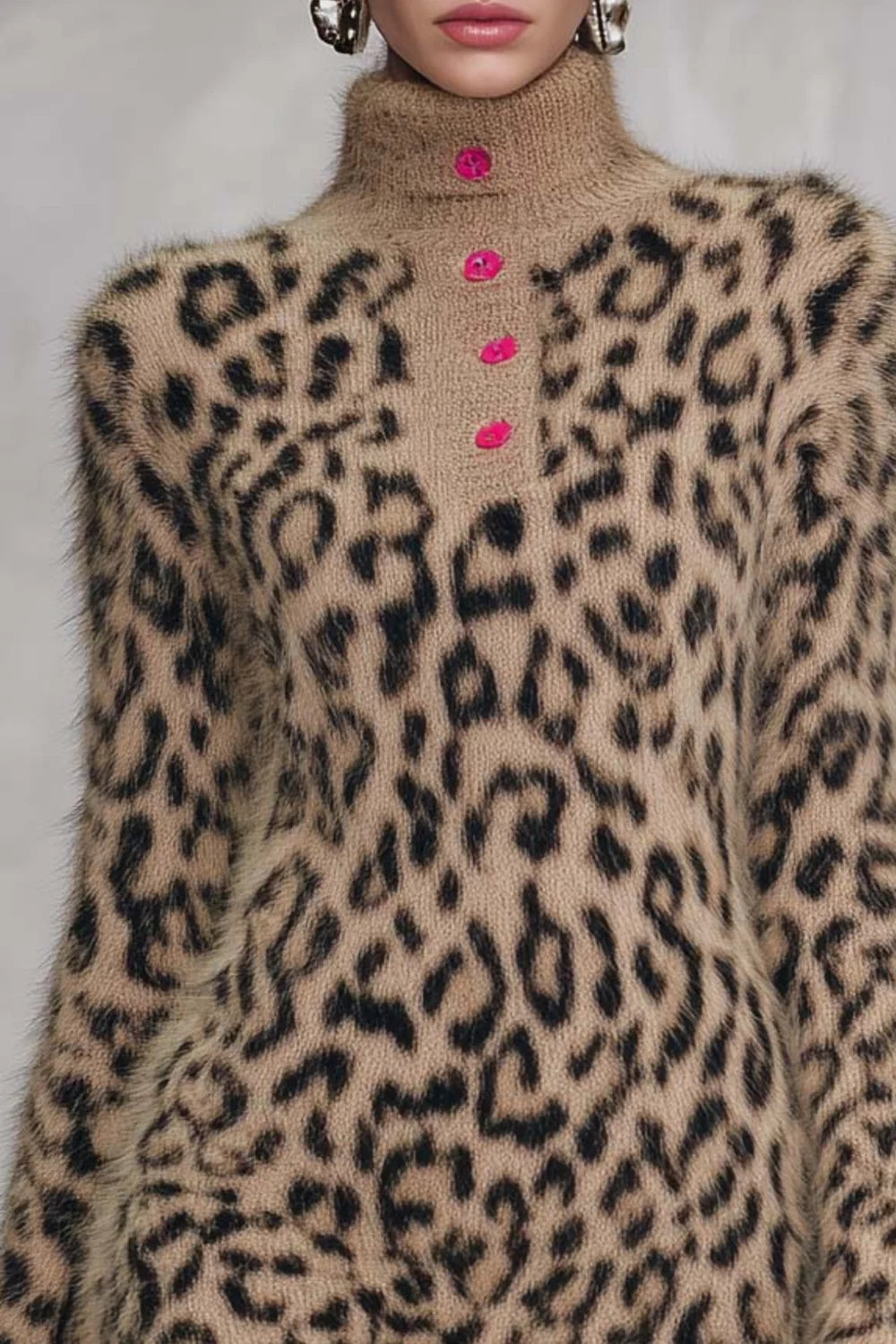 Mini-Pulloverkleid aus flauschigem Strick mit Leopardenmuster, Rollkragen und langen Ärmeln
