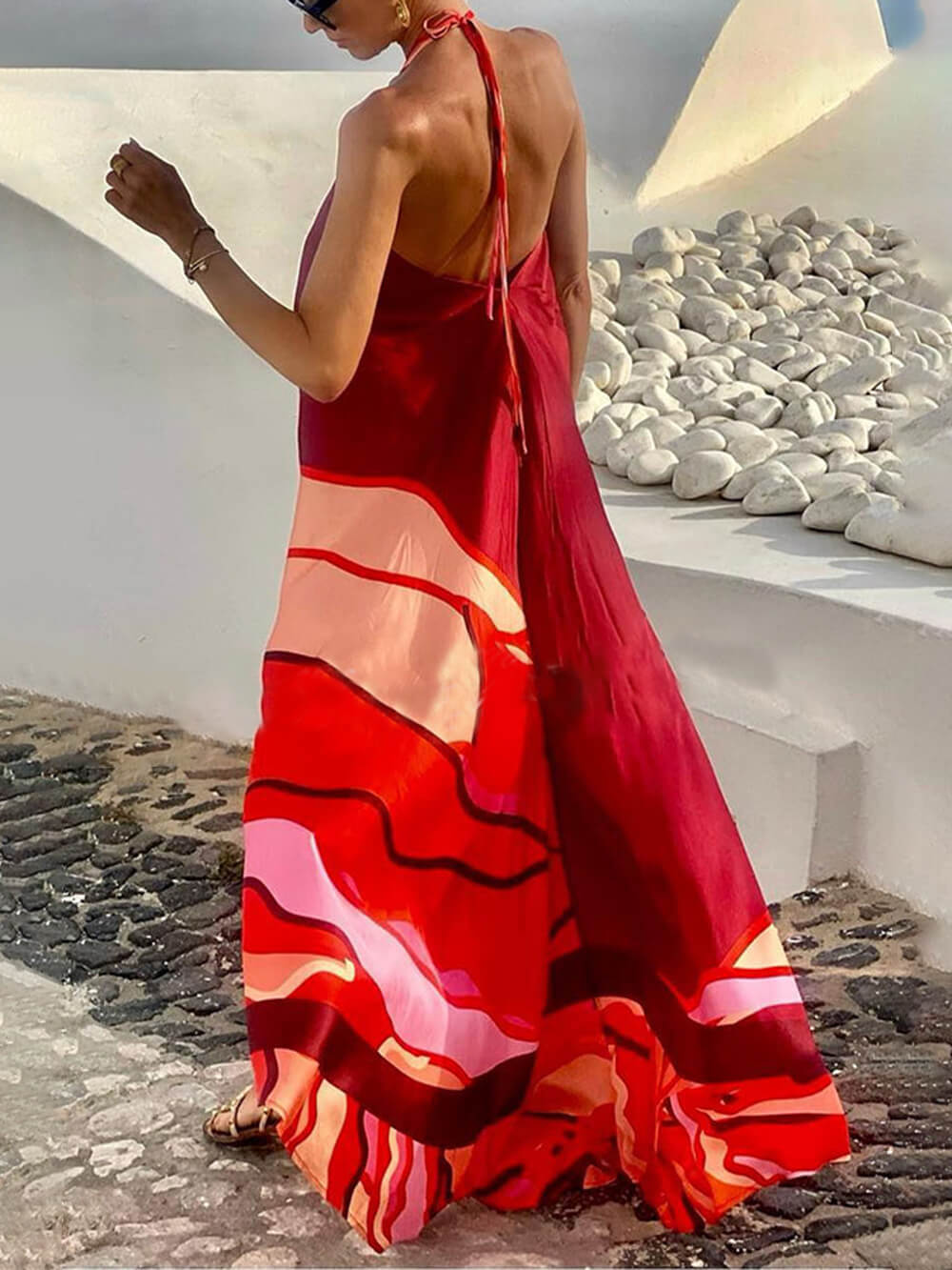 Vestido comprido de férias de verão, estampado, sem costas, com decote halter e corte em A
