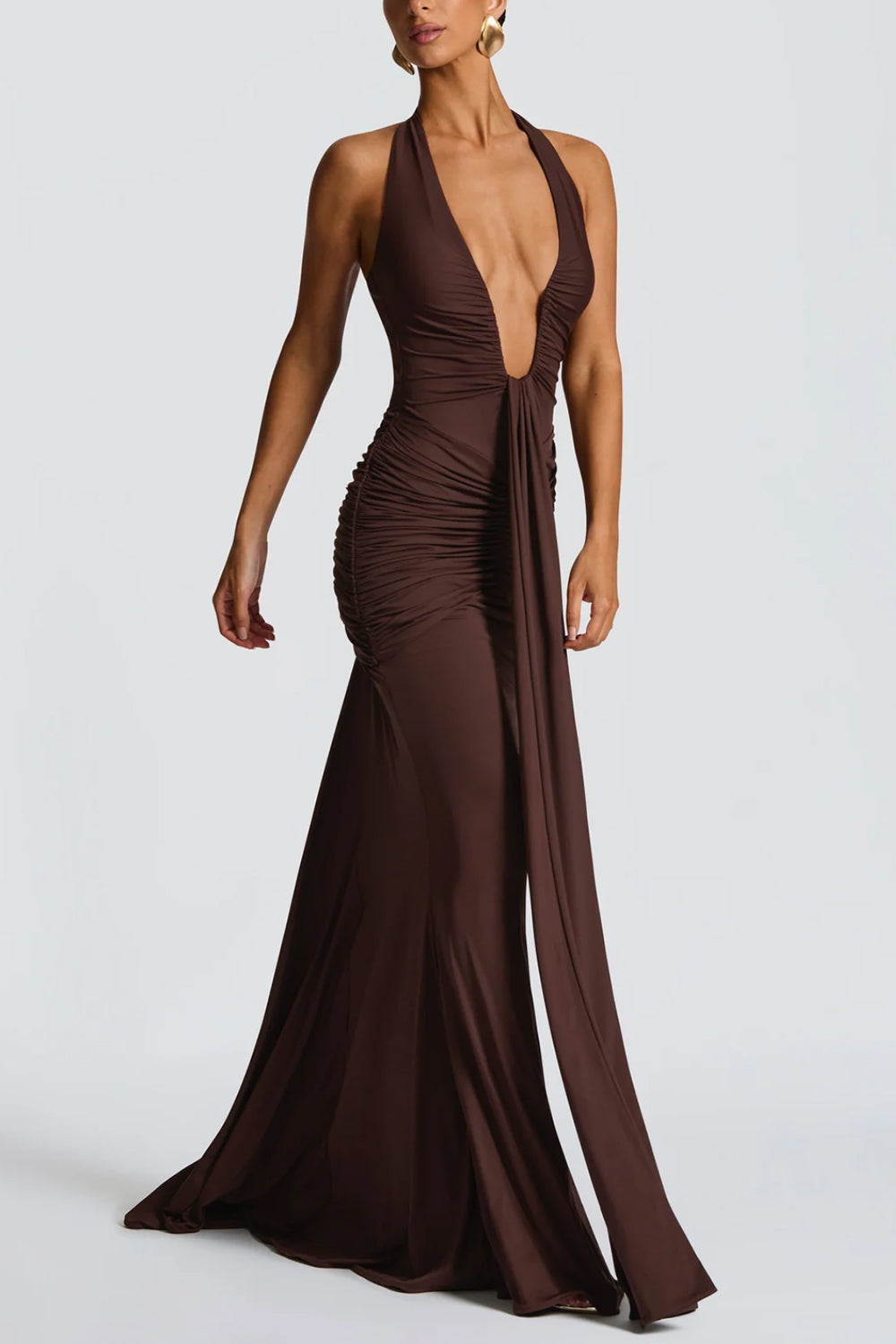 Halter Deep V Ruched Mermaid Maxi Dress