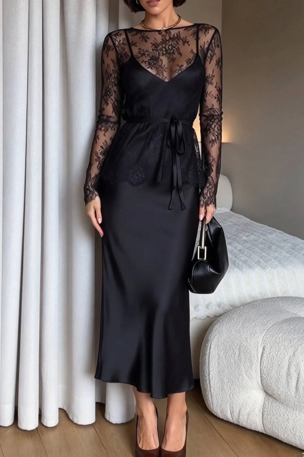 French Vintage Black Lace Long-sleeve Top and Satin Dress Two-piece Set