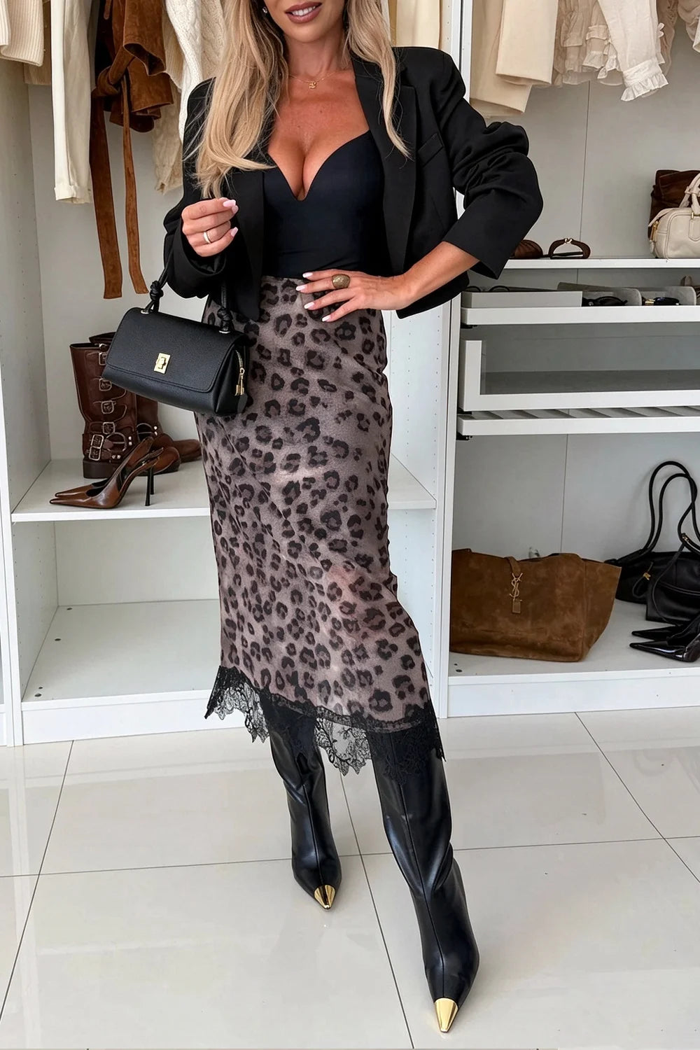 Cropped Blazer and Leopard Print Lace Hem Midi Skirt Two Piece Set