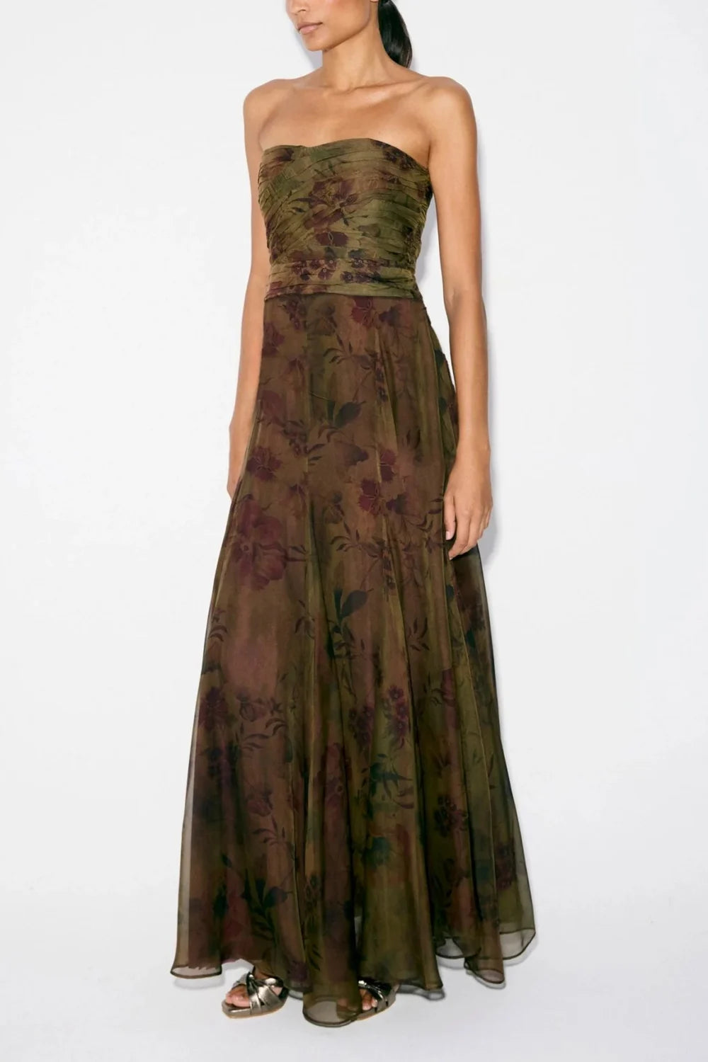 Strapless Ruched Crop Top and Flowing Maxi Skirt Floral Two Piece Set