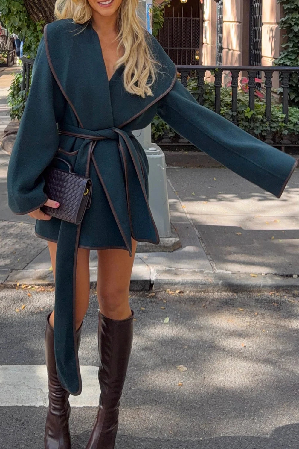 Women's Dark Green Belted Wrap Coat with Contrast Trim and Wide Sleeves
