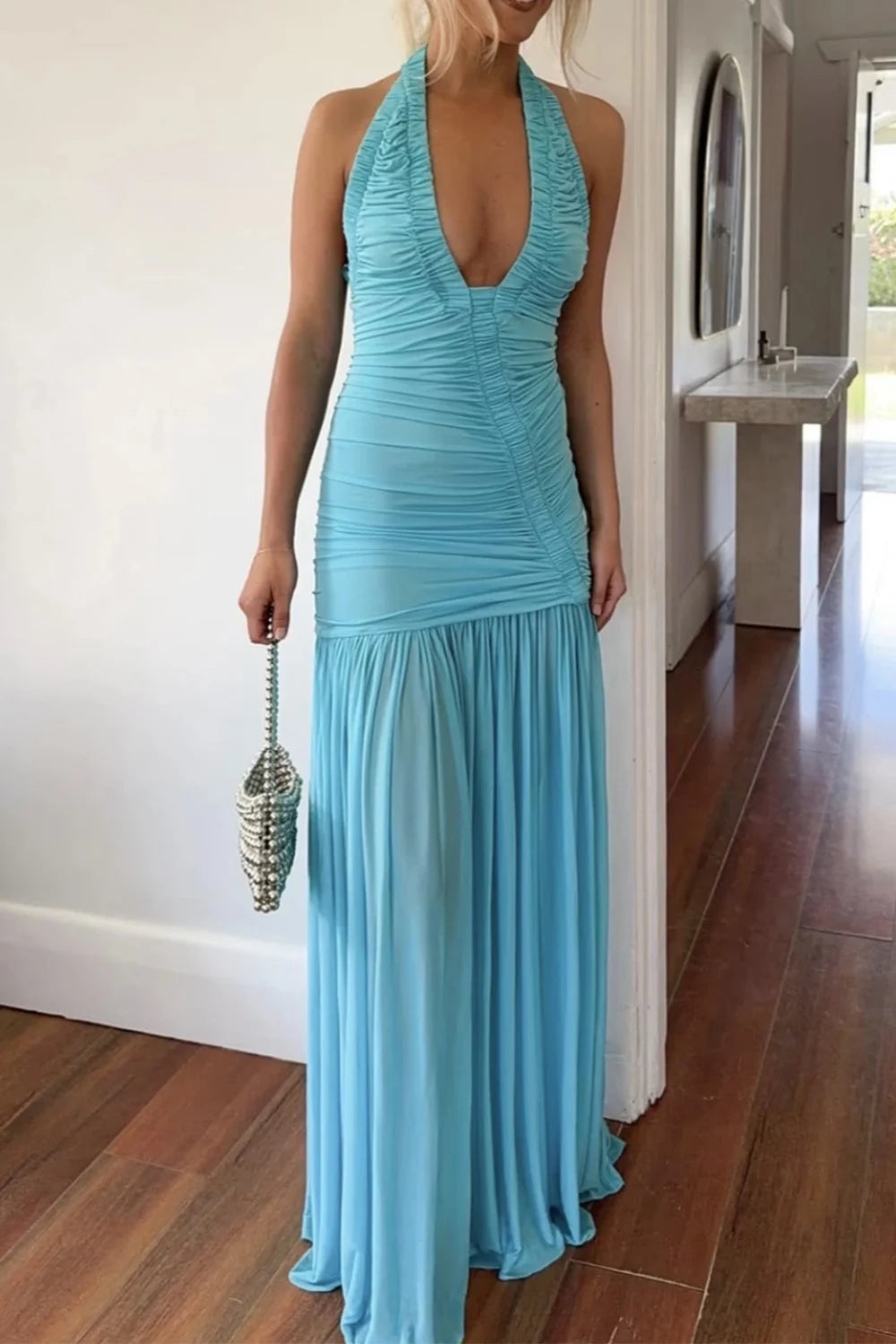 Halter Plunge Neck Ruched Drop Waist Maxi Dress