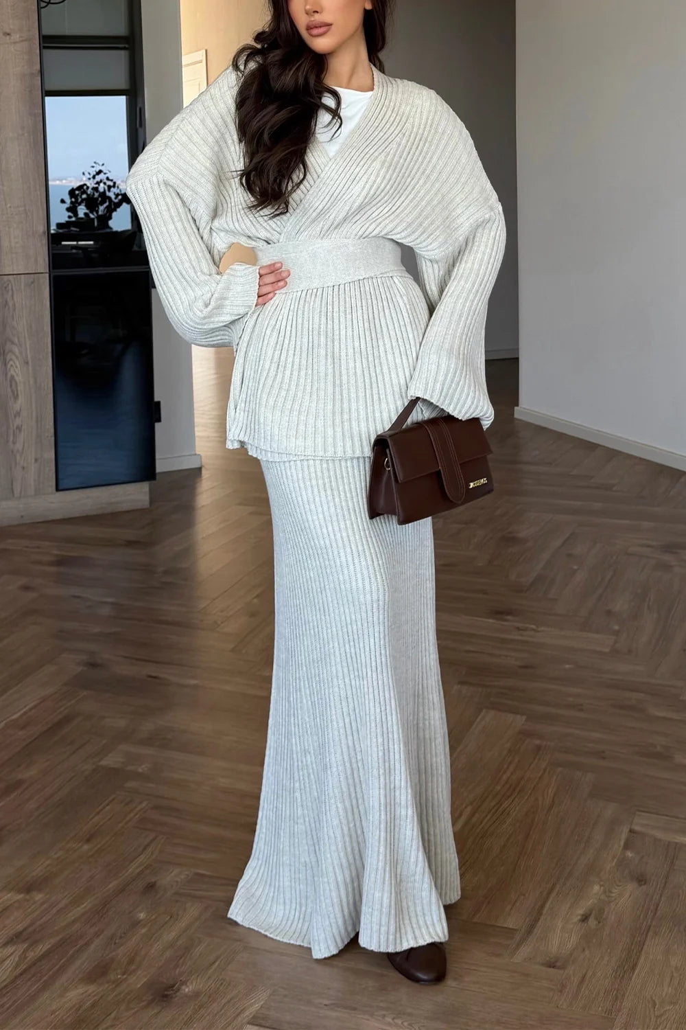 Ribbed Knit Long Sleeve Wrap Top and Maxi Skirt Two Piece Set