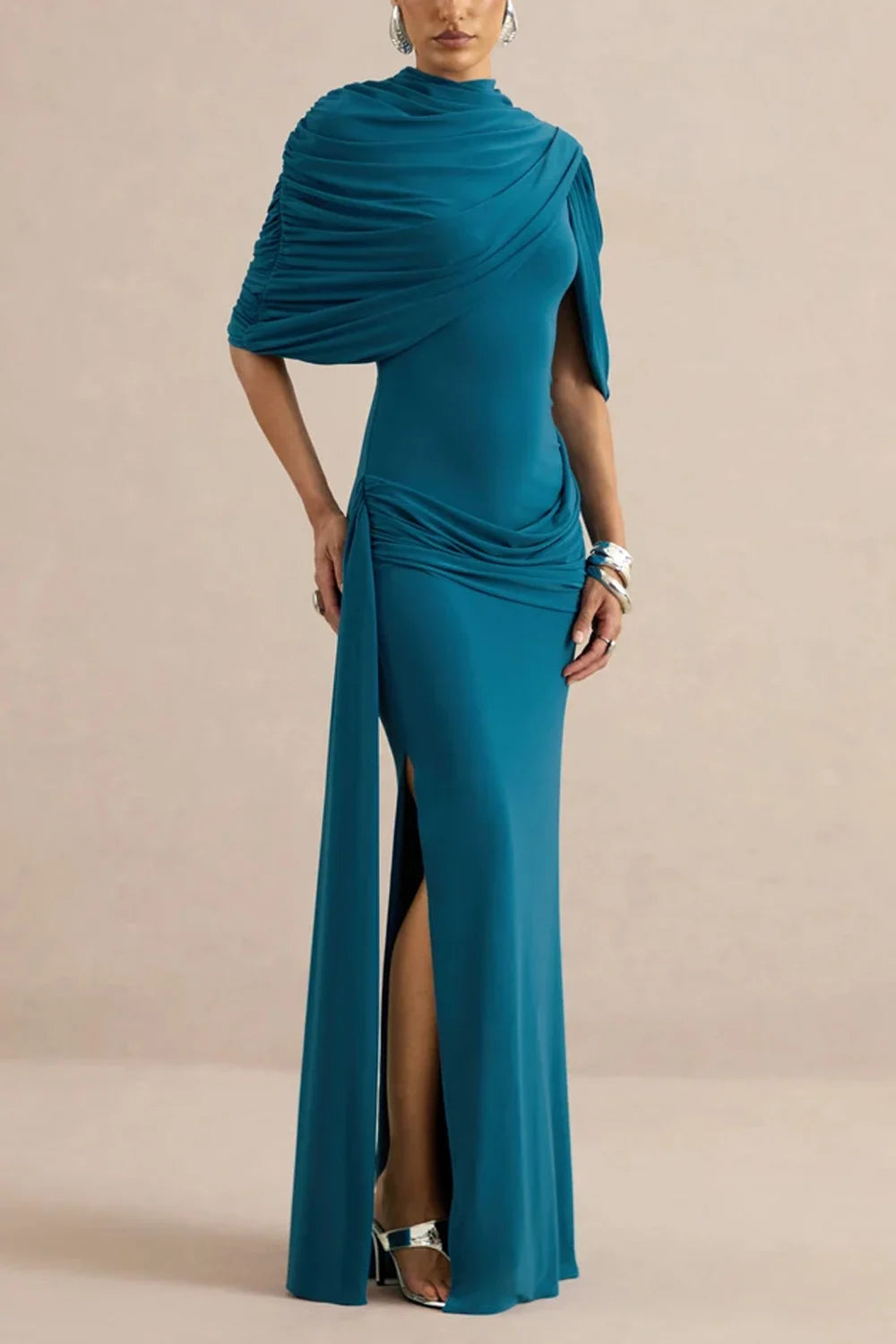 High Neck Draped Cape Asymmetric Ruched Maxi Dress with Slit