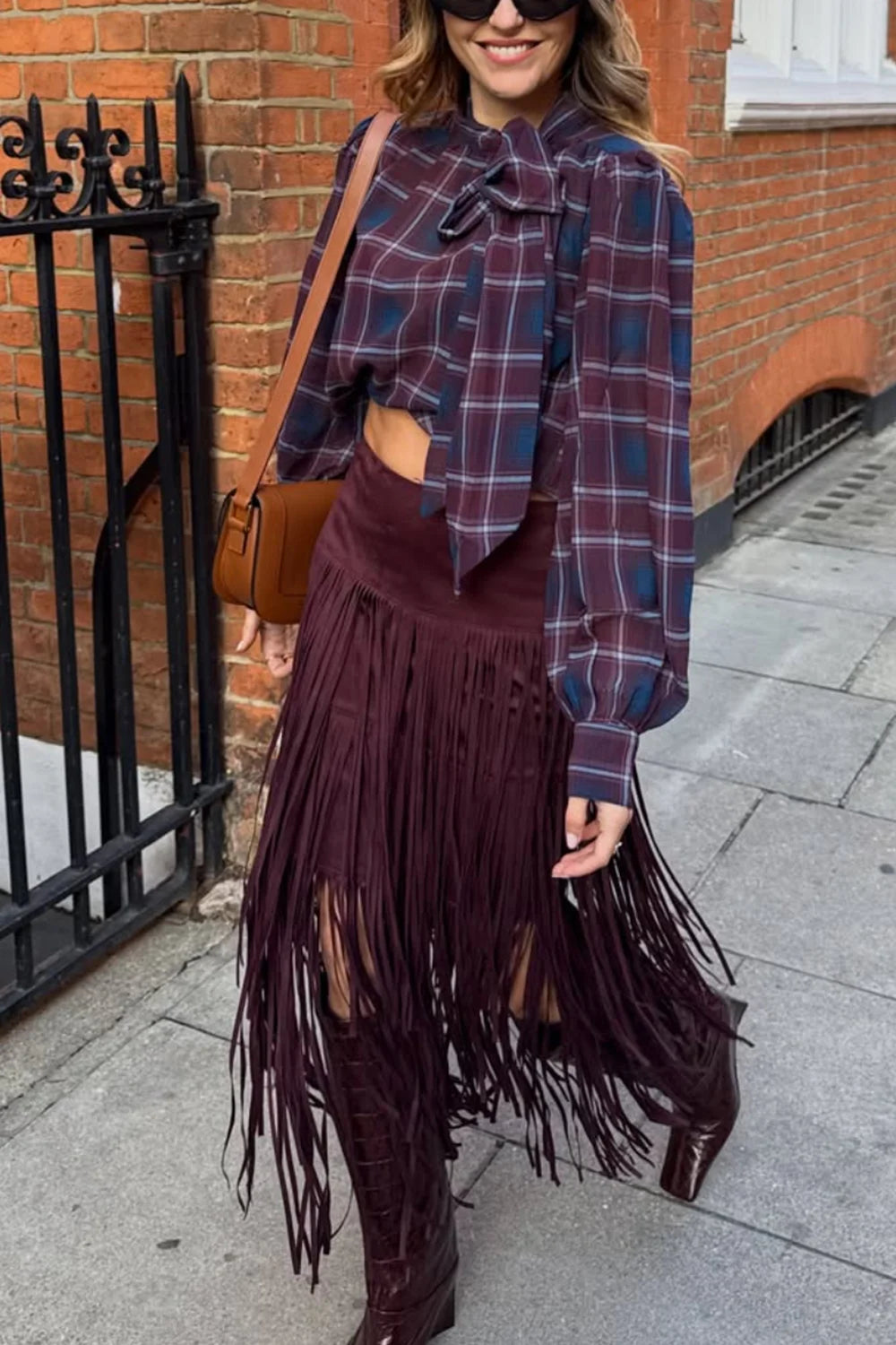 Plaid Bow Tie Blouse and Fringe Maxi Skirt Two Piece Set