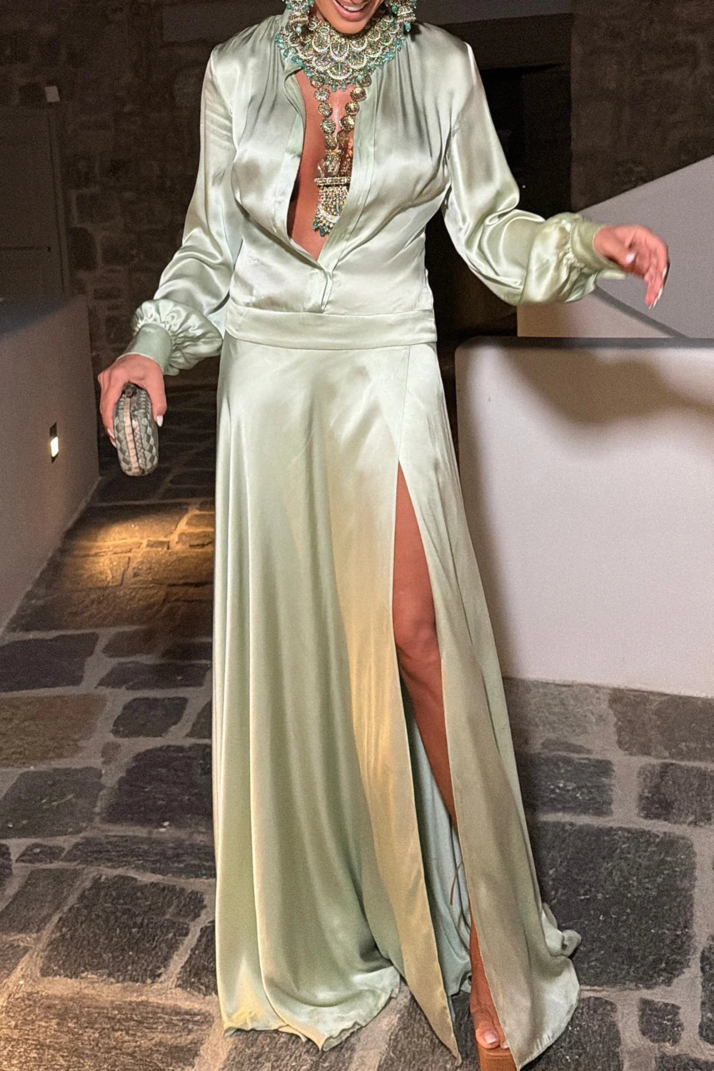Sage Green Satin Plunge Neck Long Sleeve High Slit Maxi Evening Dress