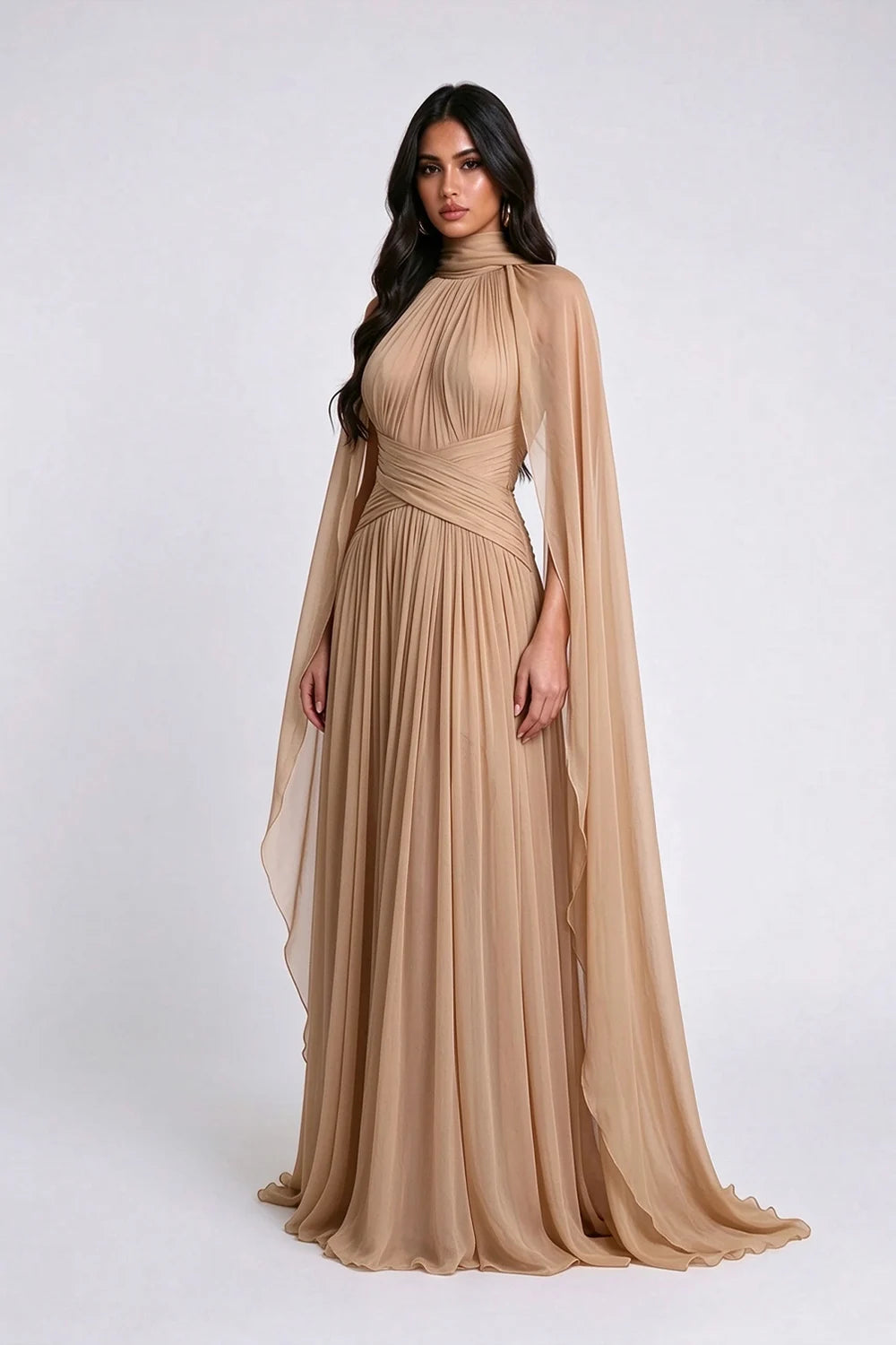 High Neck Pleated Cape Sleeve Chiffon Maxi Evening Dress