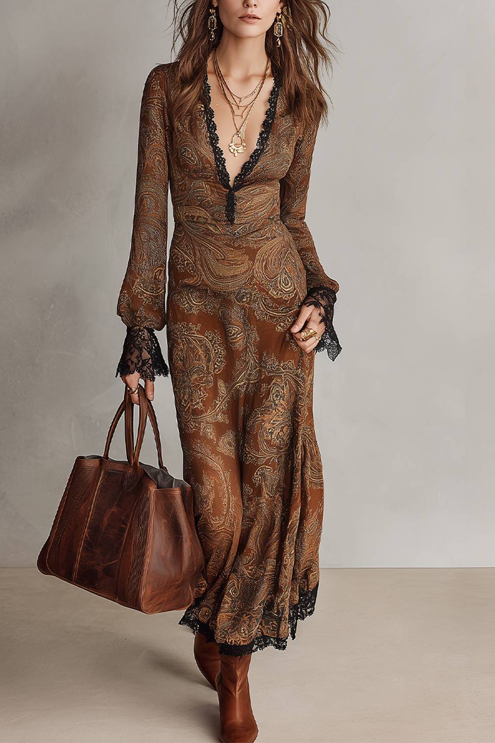 Deep V‑Neck Lace Trim Paisley Print Long Sleeve Maxi Dress