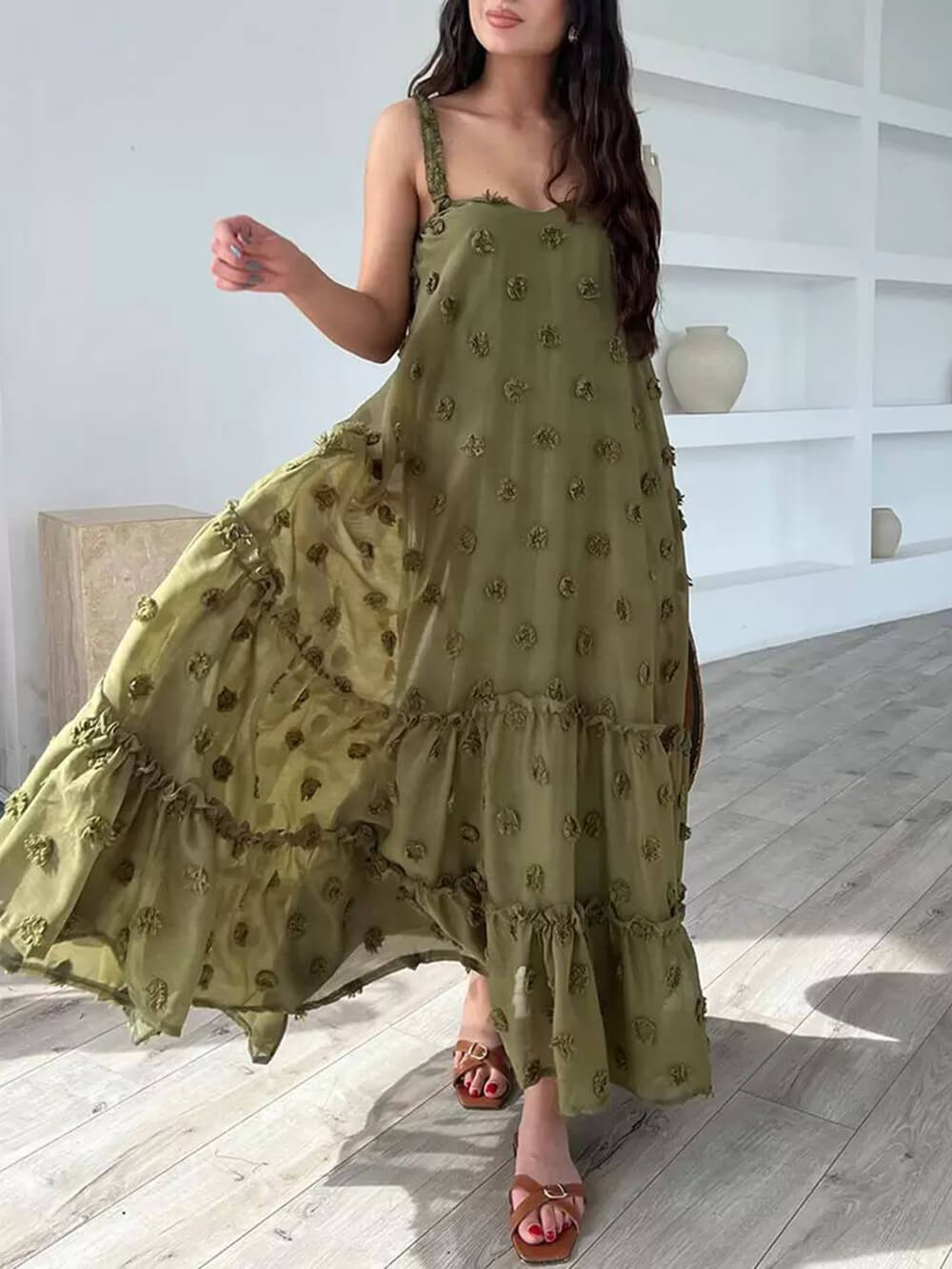 Vestido largo holgado en capas y línea A, decorado con flores bonitas