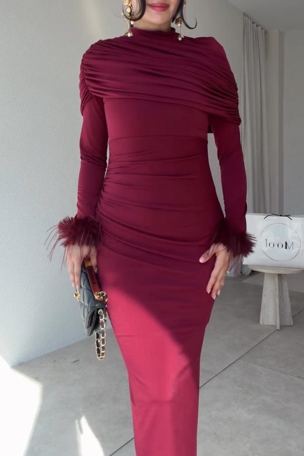 Women High Neck Ruched Cape Maxi Dress