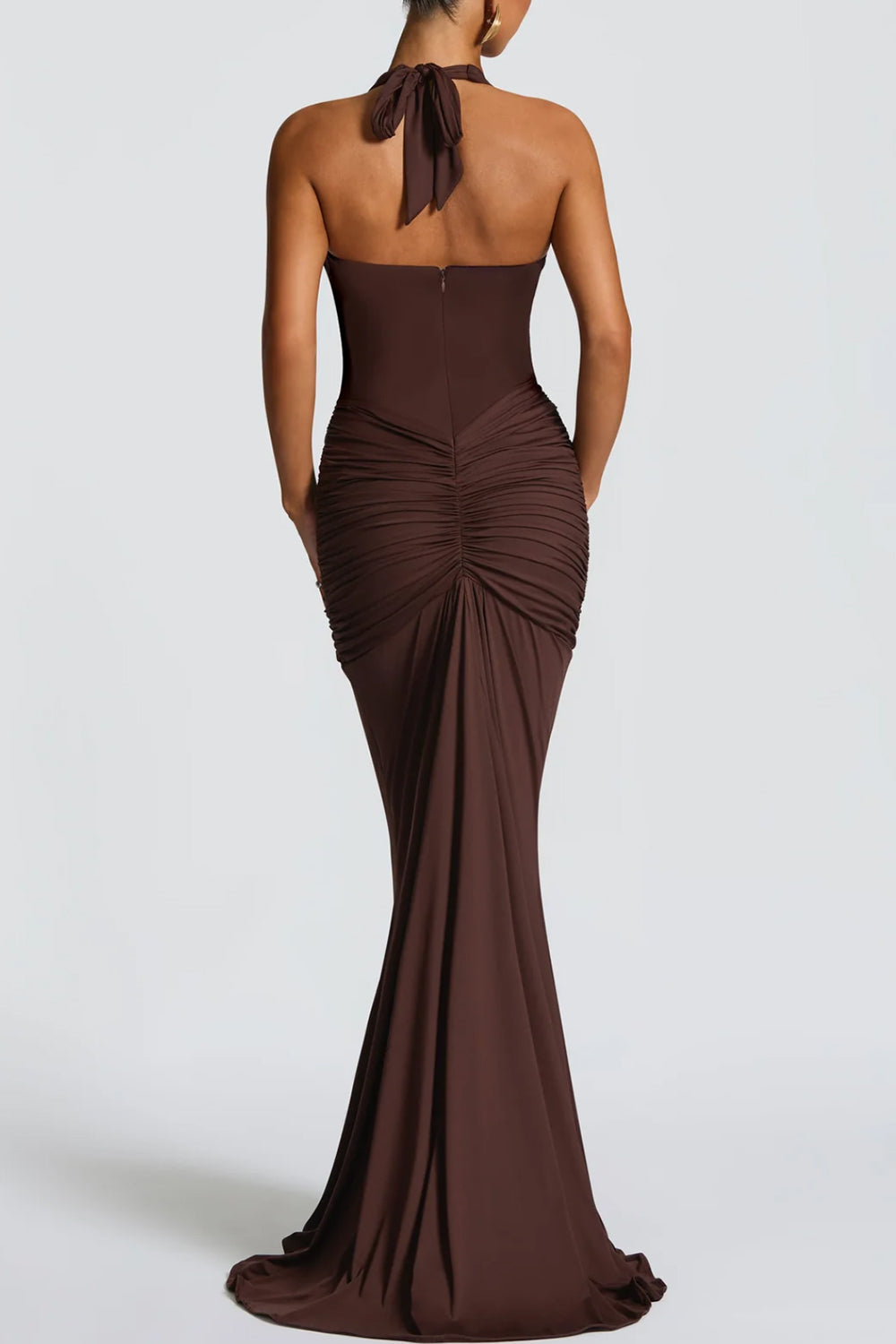 Halter Deep V Ruched Mermaid Maxi Dress