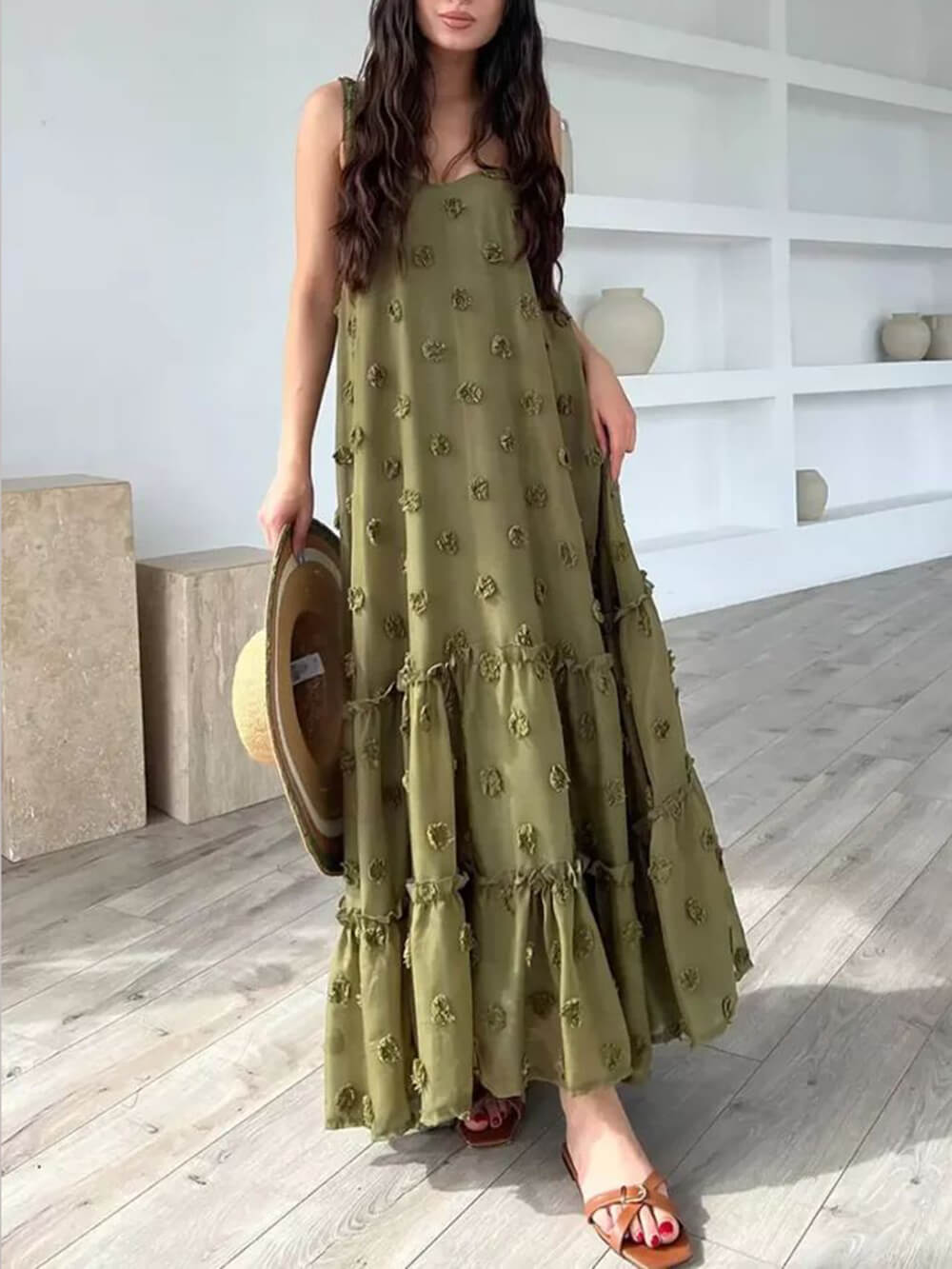Vestido largo holgado en capas y línea A, decorado con flores bonitas