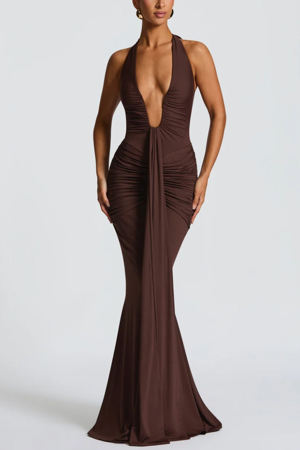 Halter Deep V Ruched Mermaid Maxi Dress