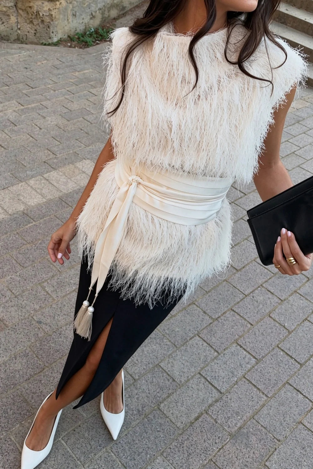 Feather Sleeveless Sweater Top and Front Slit Midi Skirt Two Piece Set