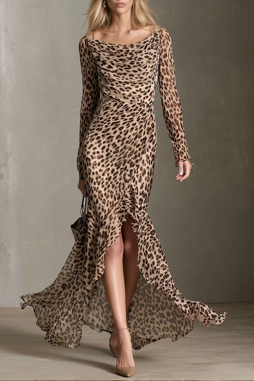 Vestido comprido com decote drapeado, estampado de leopardo, folhos e racha