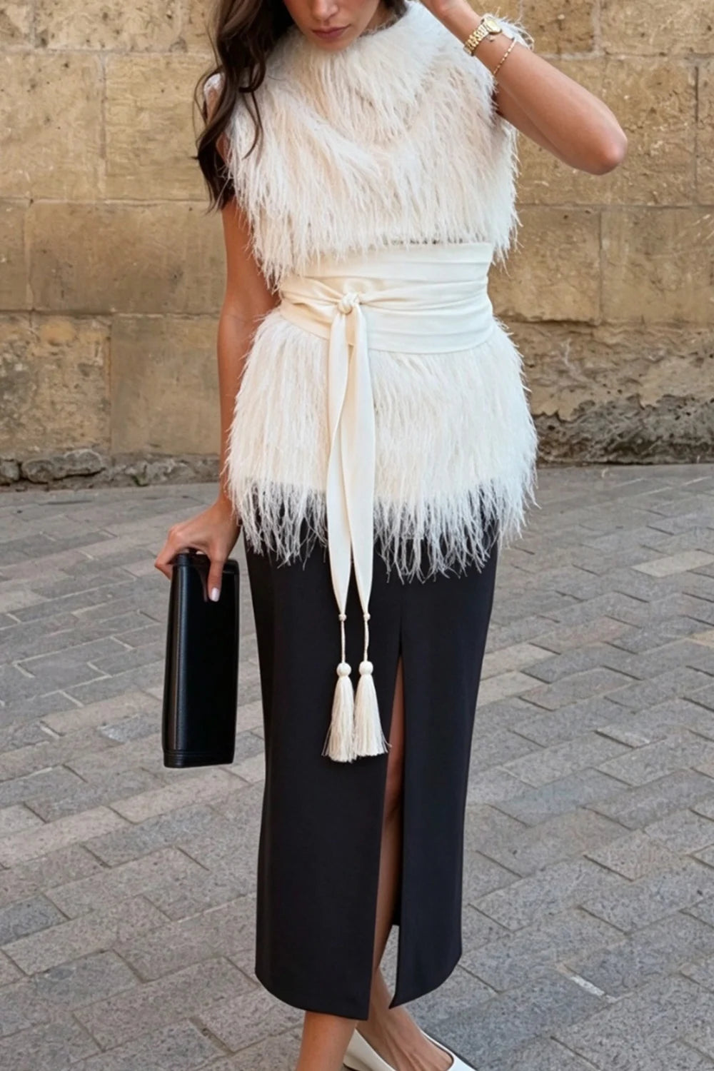 Feather Sleeveless Sweater Top and Front Slit Midi Skirt Two Piece Set