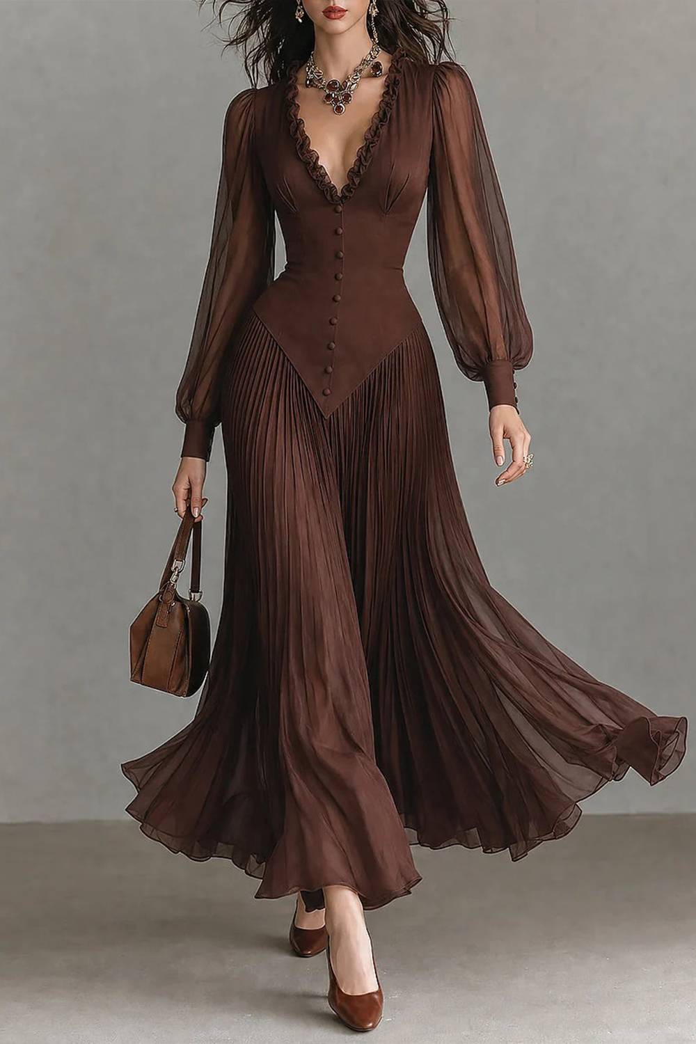 Vestido vintage com decote em V e mangas balão