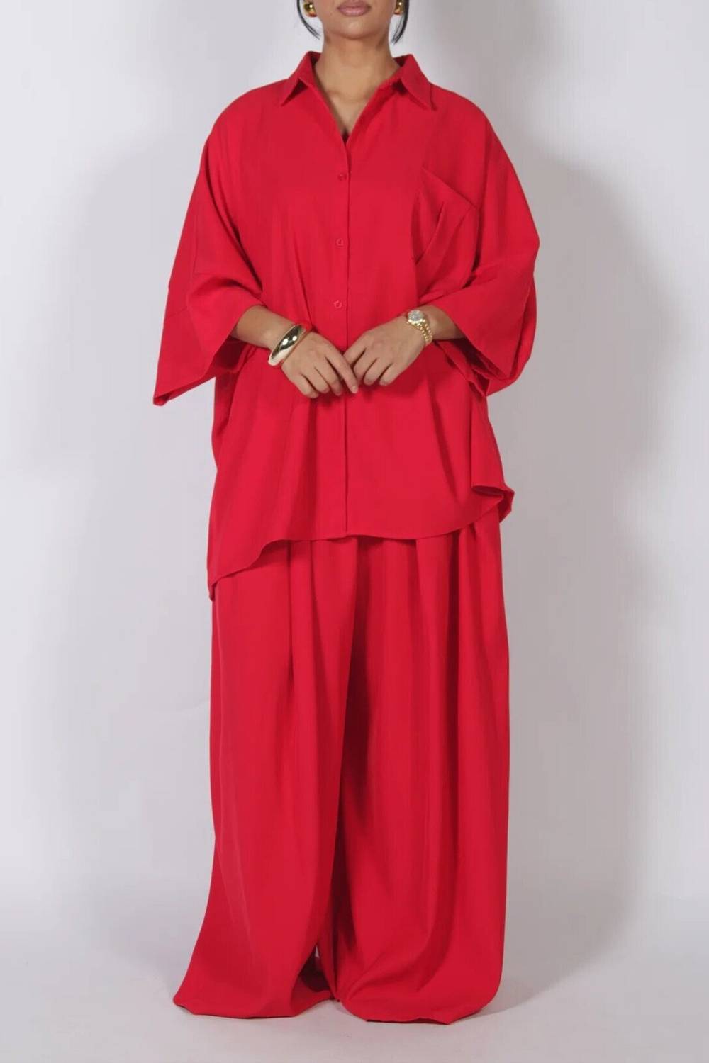 Oversized Lapel Button‑Up Shirt & Wide Leg Pants 2‑Piece Set