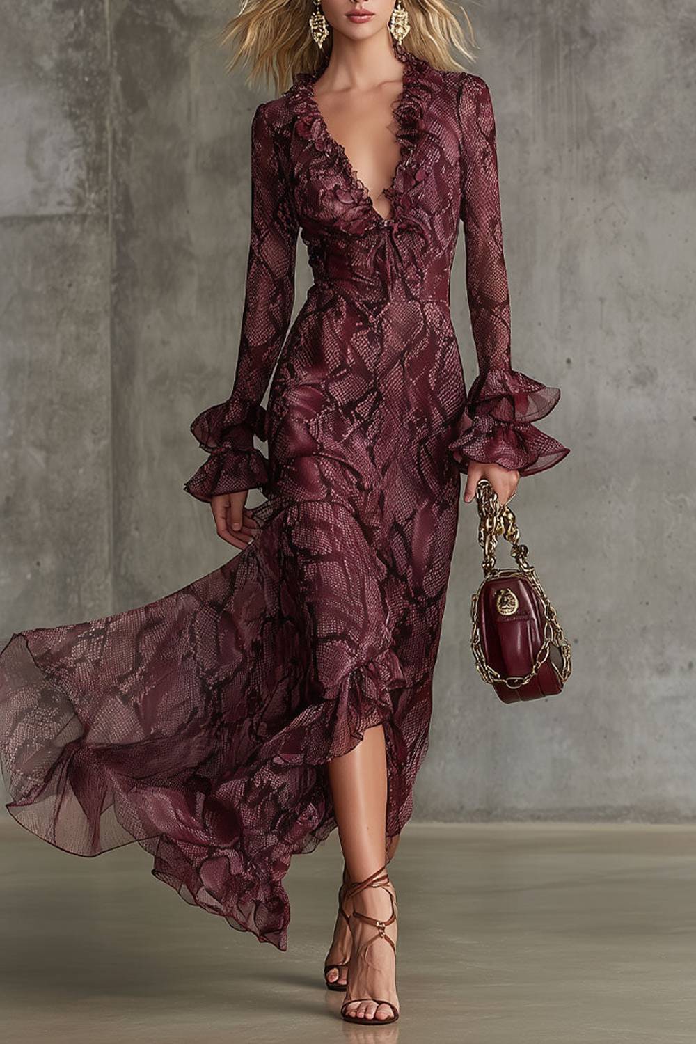 Vestido largo vaporoso con estampado de serpiente, volantes, escote en V y mangas largas